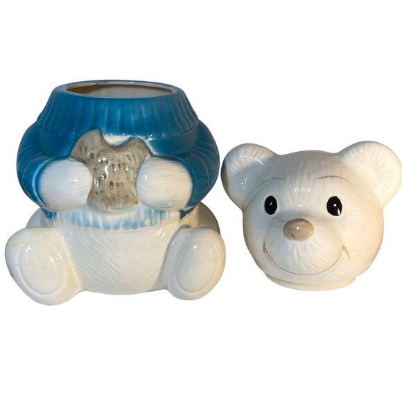 Welcome Cookie Jar Ceramic White Teddy Bear Blue Sweater Cookie Taiwan VTG - Picture 3 of 13